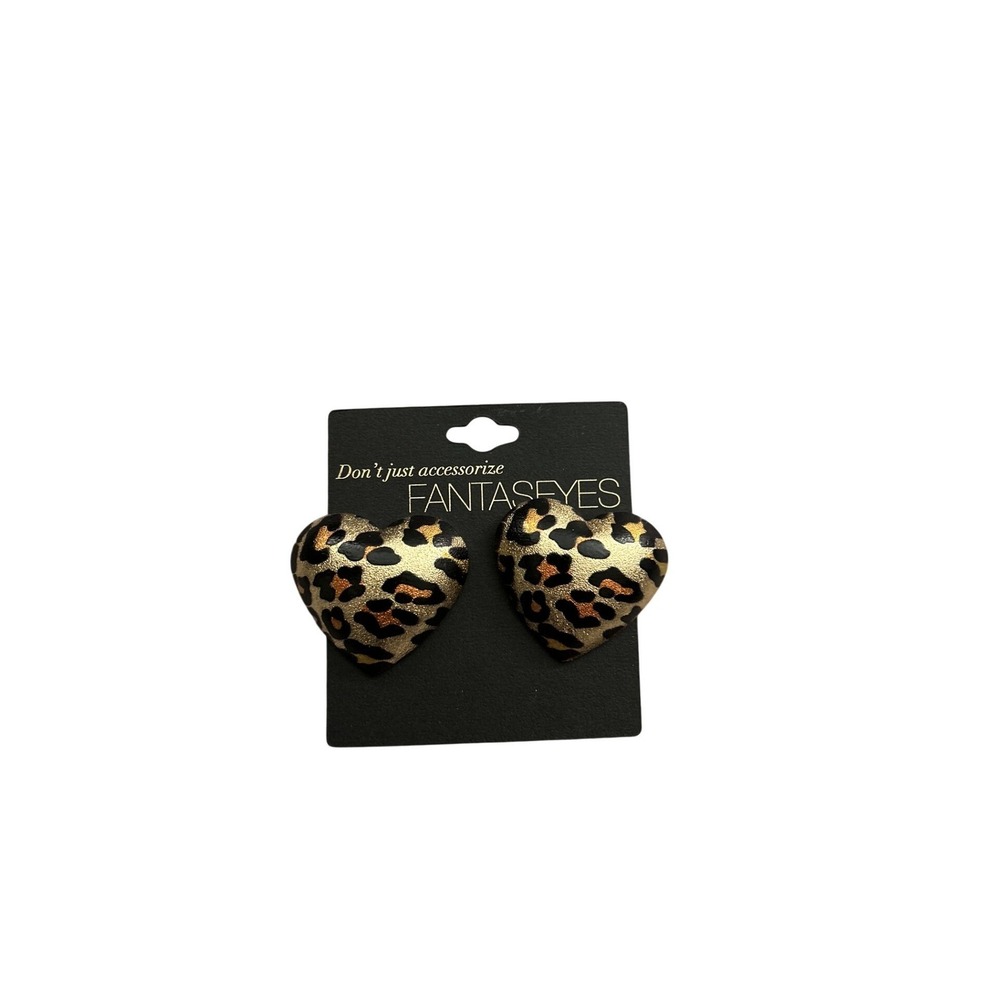 Fantaseyes Heart Earrings Women OS Gold Leopard Print‎ NEW Statement Studs